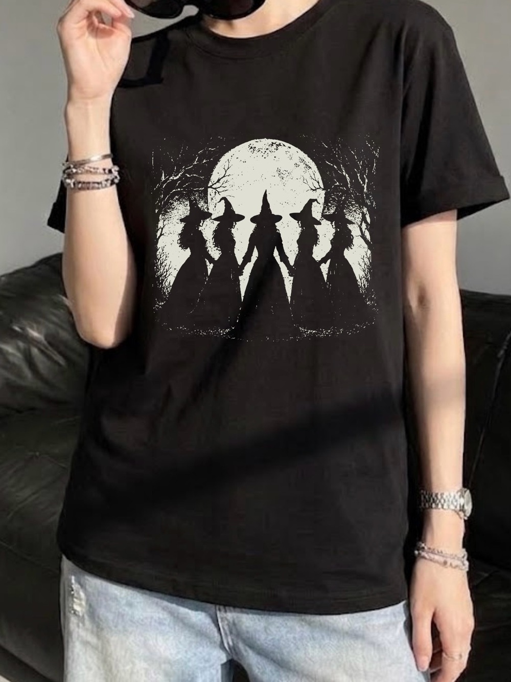 Dancing Witches Coven Full Moon Spooky Gothic Witchcore Magic Graphic Tee Shirt